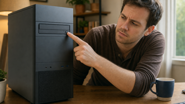Man at a desk points at the front CD/DVD drive on a black desktop computer tower, looking puzzled or thoughtful.