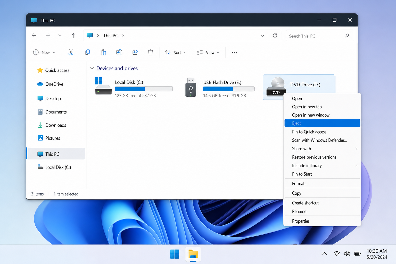 File Explorer showing an external DVD drive connected via USB, right-click Eject option visible