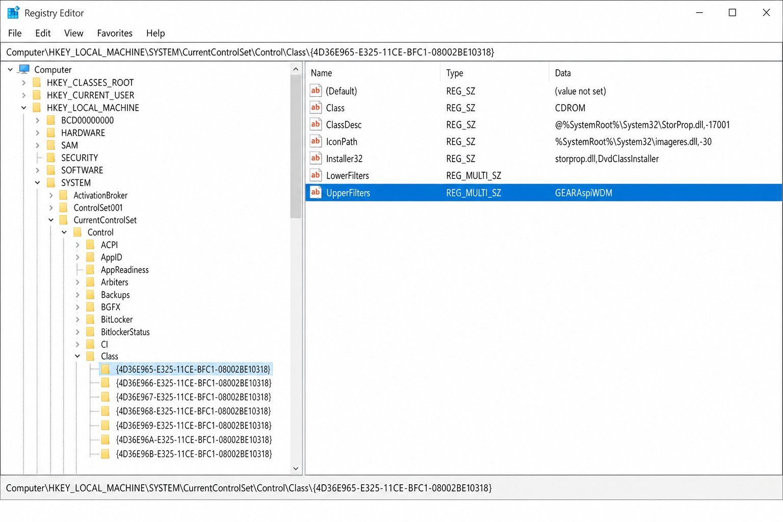 Registry Editor open at HKEY_LOCAL_MACHINE\SYSTEM\CurrentControlSet\Control\Class\{4D36E965-E325-11CE-BFC1-08002BE10318} with UpperFilters entry highlighted in the right pane