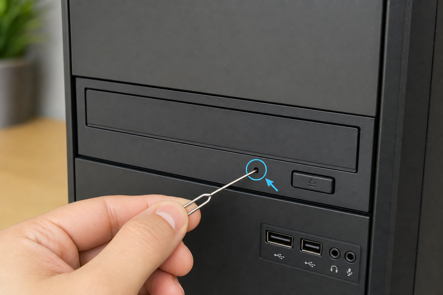 Close-up of a DVD drive face showing the emergency eject pinhole location near the tray, with a straightened paperclip positioned at the hole