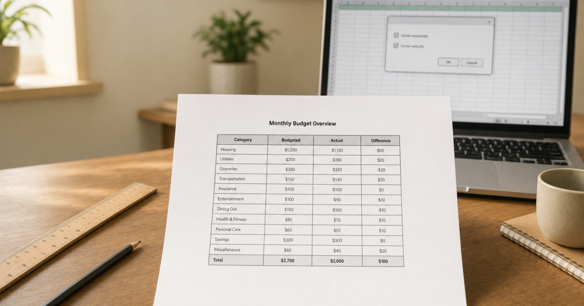 Sheet of paper on a wooden desk titled 'Monthly Budget Overview' with a tabular budget chart; laptop displaying a spreadsheet in the background, plus a ruler, pencil, mug and notebook nearby.
