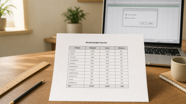 Sheet of paper on a wooden desk titled 'Monthly Budget Overview' with a tabular budget chart; laptop displaying a spreadsheet in the background, plus a ruler, pencil, mug and notebook nearby.