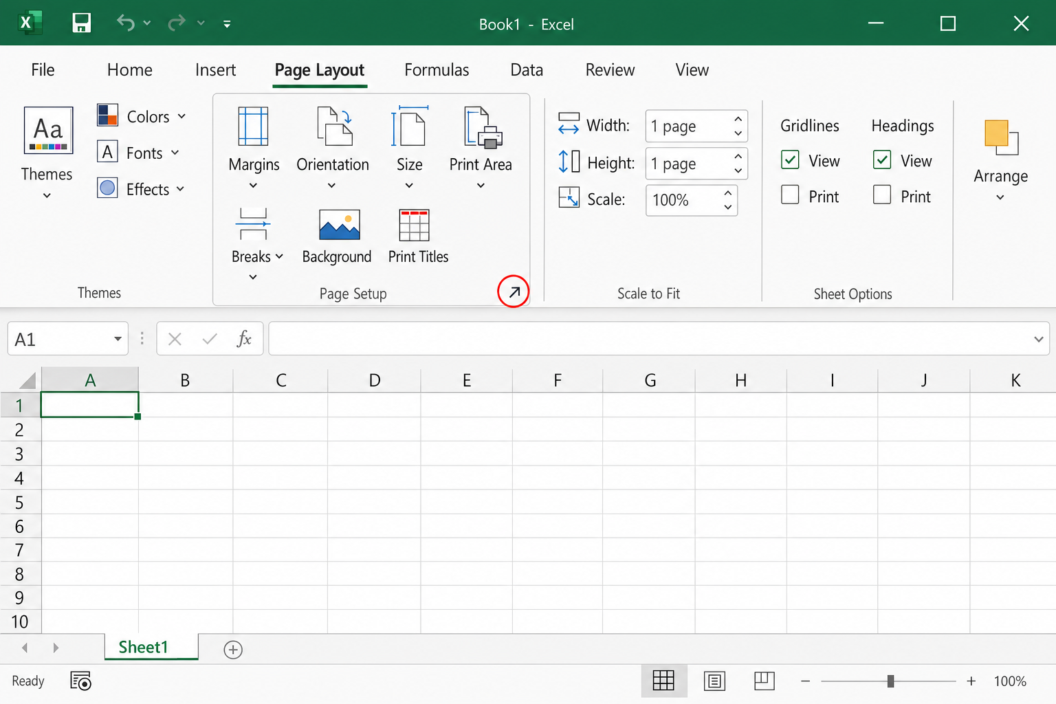 Excel ribbon showing the Page Layout tab with the Page Setup group dialog launcher arrow highlighted in the bottom-right corner of the group
