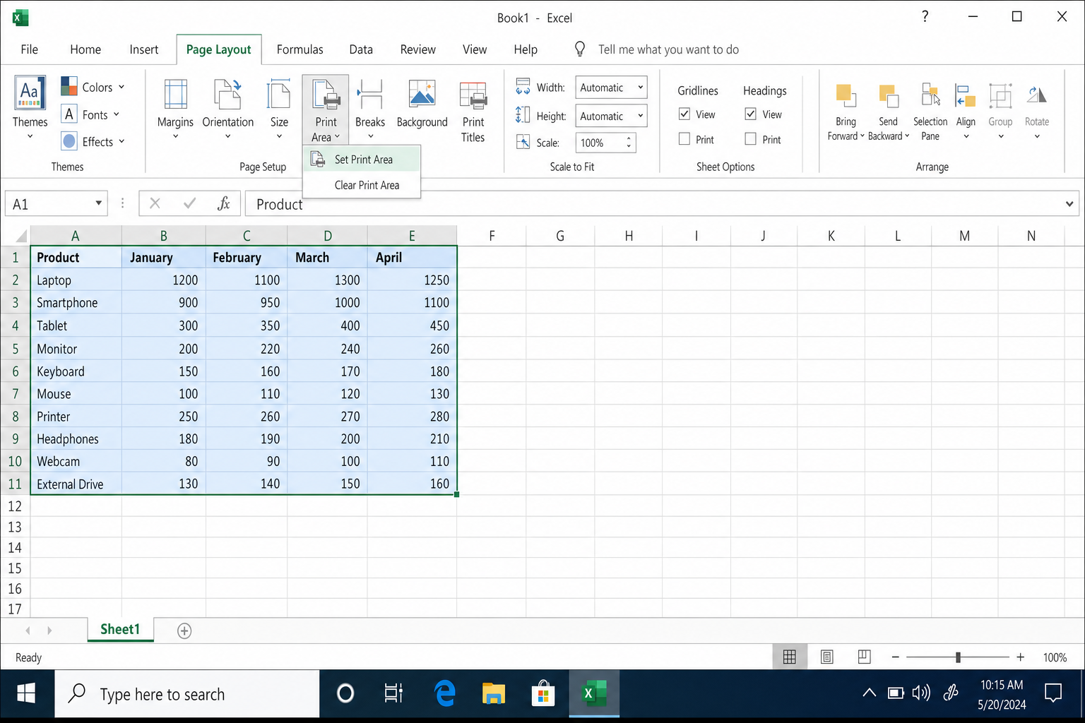 Excel ribbon Page Layout tab with Print Area dropdown open showing "Set Print Area" option, with a range of cells selected on the sheet