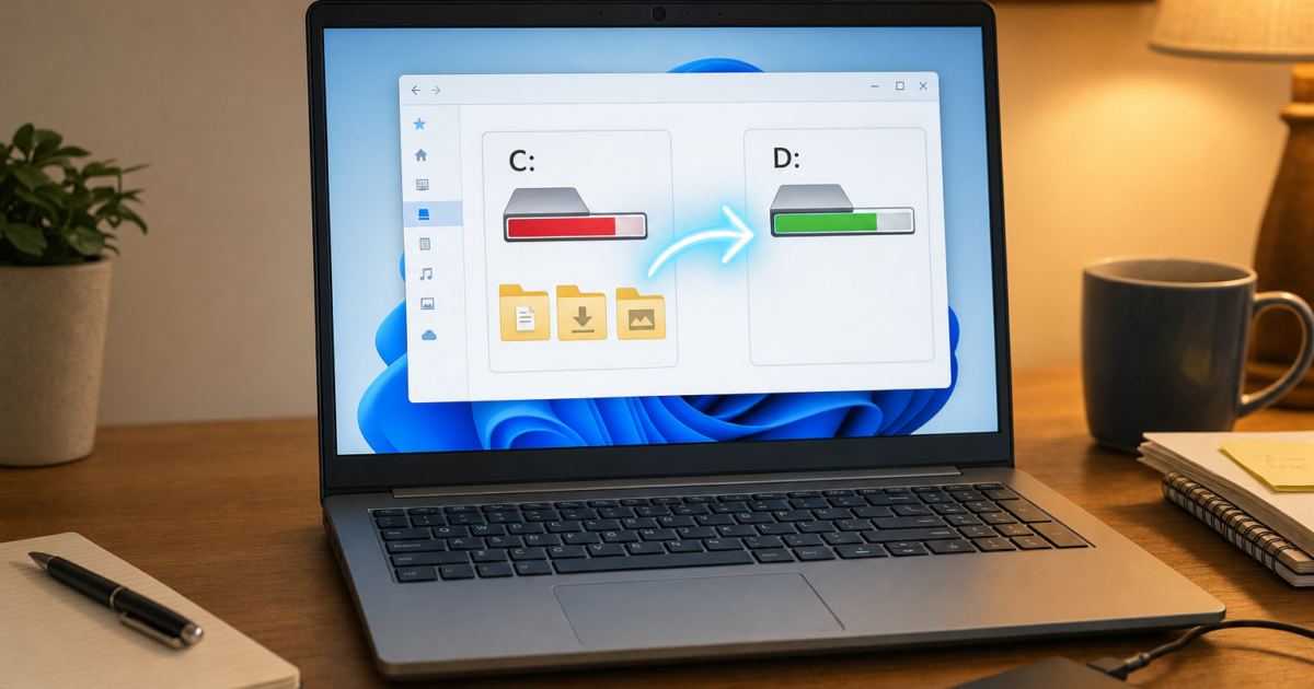 Laptop on a wooden desk shows a screen with a file transfer diagram from C: (red bar) to D: (green bar).