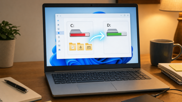 Laptop on a wooden desk shows a screen with a file transfer diagram from C: (red bar) to D: (green bar).