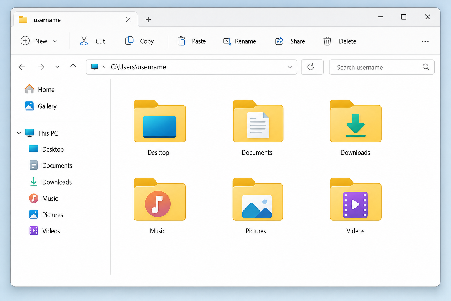 File Explorer opened to C:\Users\username showing the default user folders: Desktop, Documents, Downloads, Music, Pictures, Videos