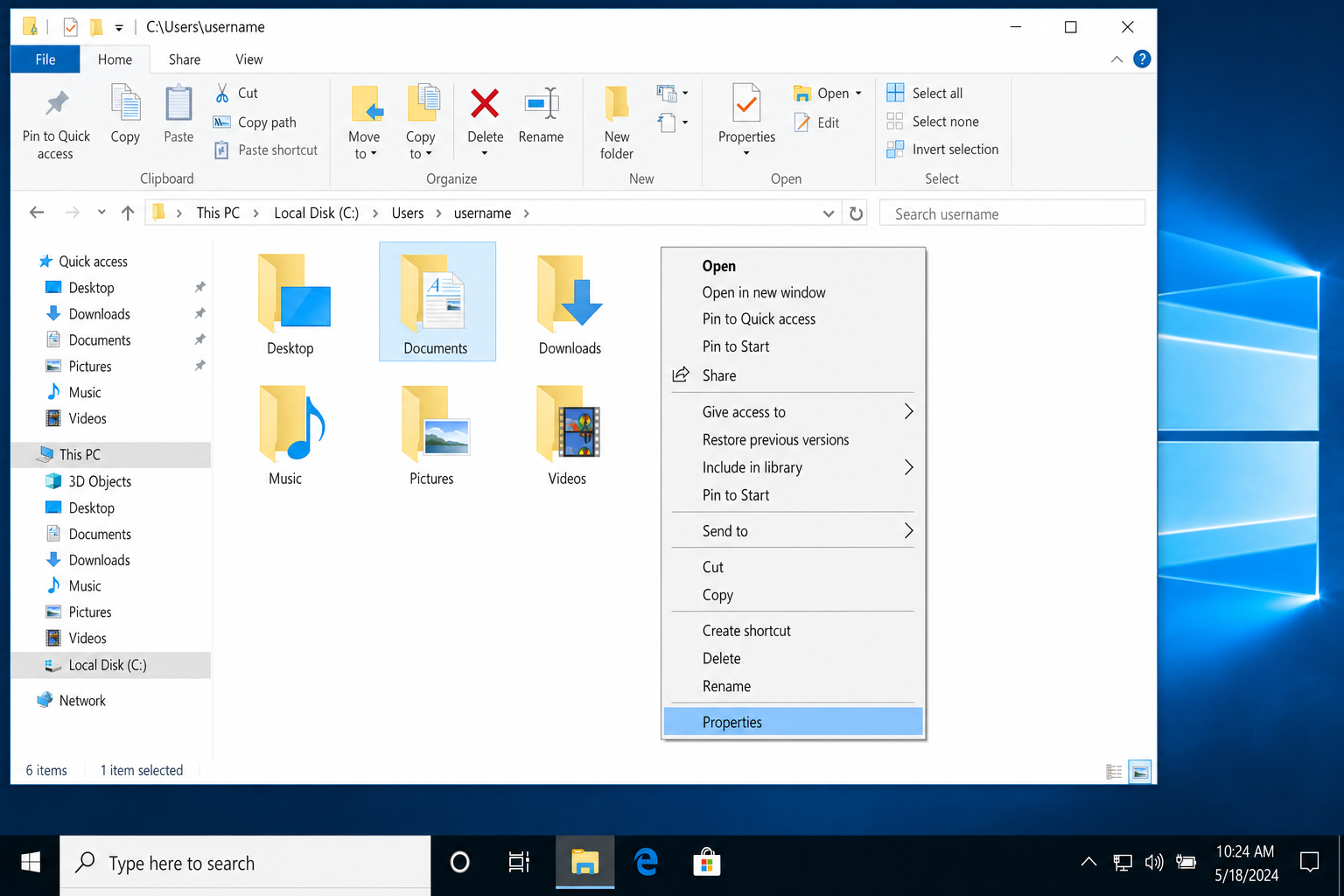 Right-click context menu on the Documents folder inside C:\Users\username, with Properties highlighted