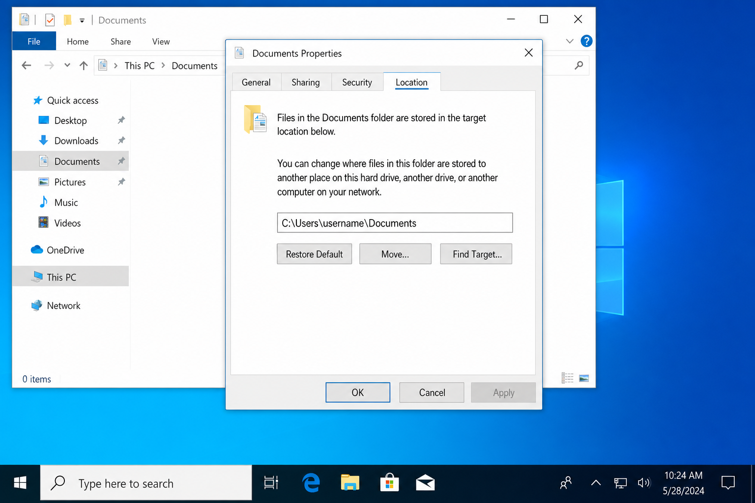 Documents Properties dialog open on the Location tab, showing the current path C:\Users\username\Documents and the Move, Find Target, and Restore Default buttons