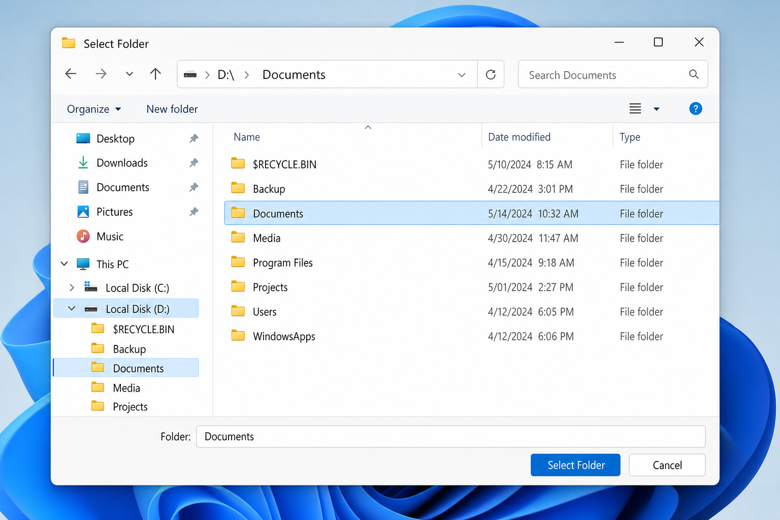 Folder picker dialog open on D: drive with a new Documents folder selected and the Select Folder button visible