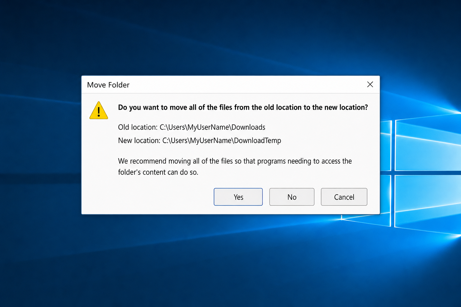 Windows dialog asking "Do you want to move all of the files from the old location to the new location?" with Yes and No buttons