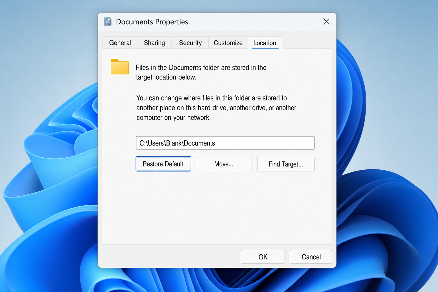 Documents Properties dialog on the Location tab with the Restore Default button highlighted
