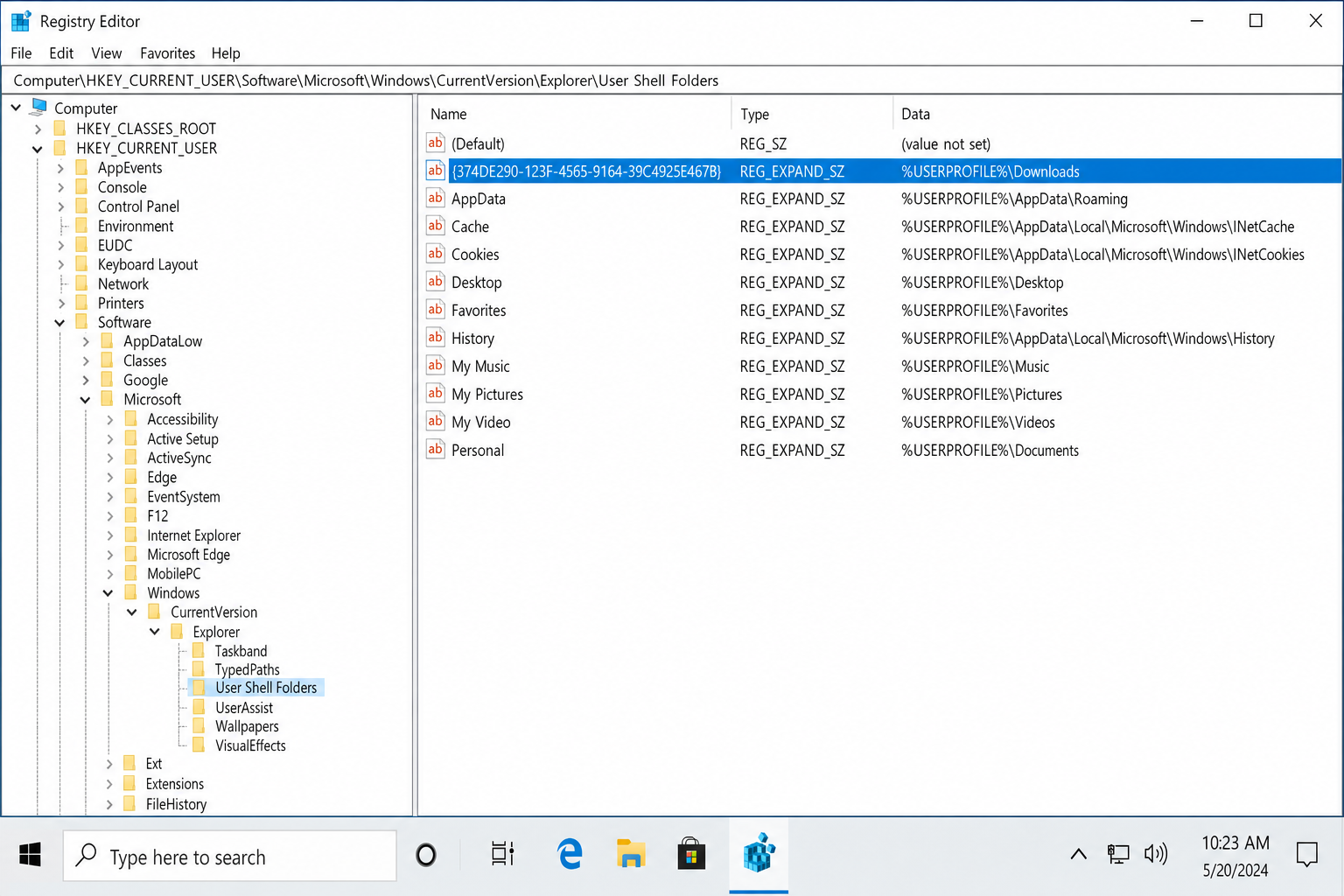 Registry Editor open at HKEY_CURRENT_USER\Software\Microsoft\Windows\CurrentVersion\Explorer\User Shell Folders with the right pane showing folder path values