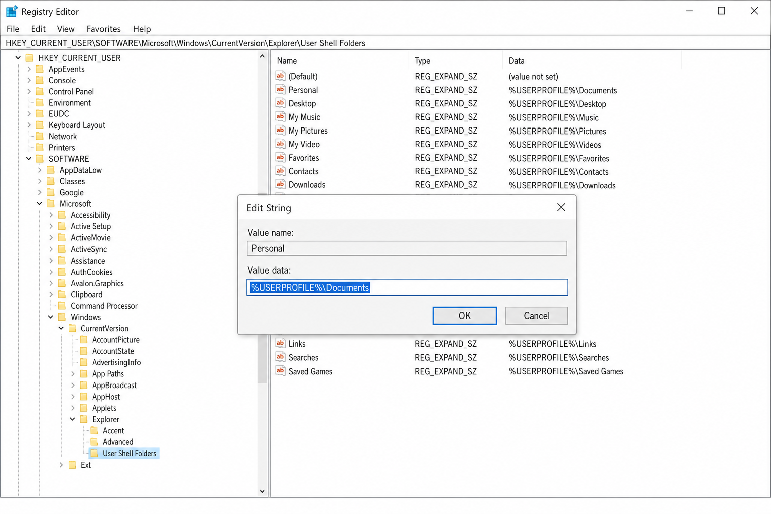 Registry Editor showing the Edit String dialog for the "Personal" value under User Shell Folders, with %USERPROFILE%\Documents entered as the value data