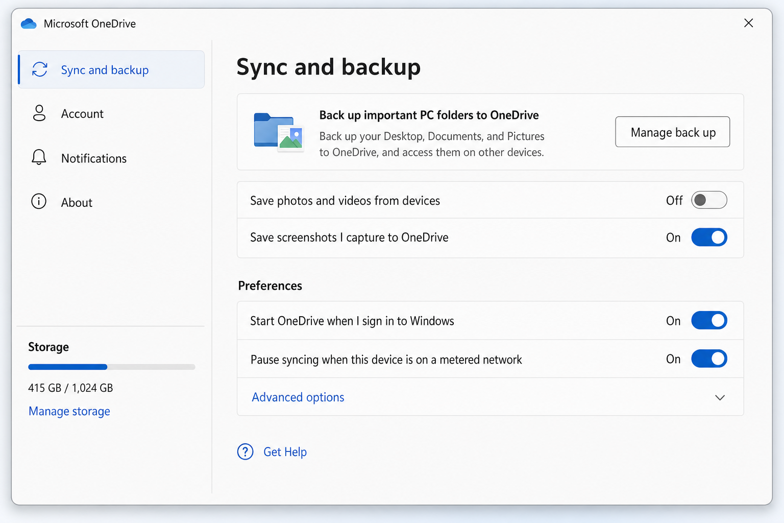 OneDrive Settings dialog open on the Sync and backup tab, showing the Manage backup option with Desktop, Documents, and Pictures toggles