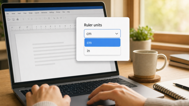 Person typing on a laptop with a floating 'Ruler units' dialog showing cm selected.