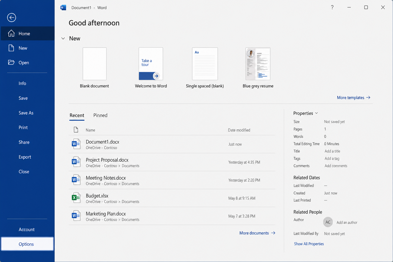 Word with File menu open, Options highlighted at the bottom of the left sidebar