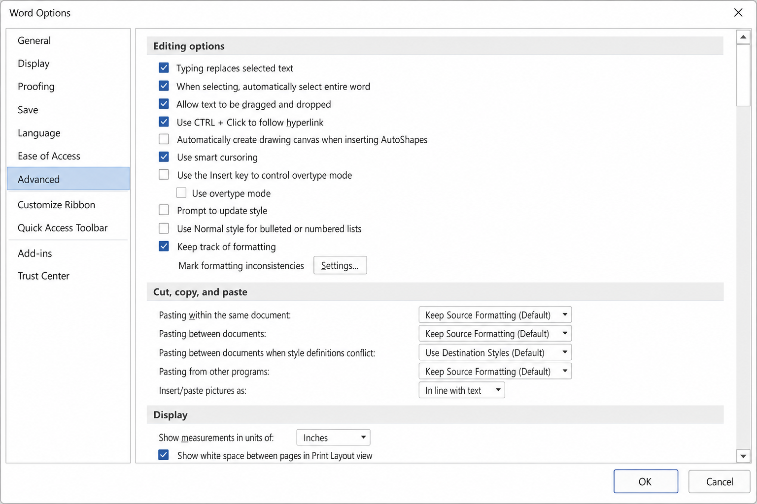 Word Options dialog box with Advanced selected in the left pane