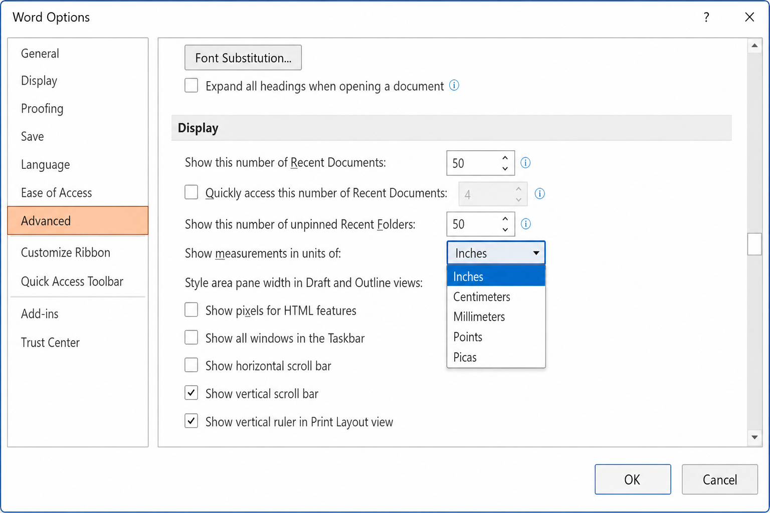 Word Options Advanced tab, Display section, with Show measurements in units of dropdown open showing Inches, Centimeters, Millimeters, Points, Picas