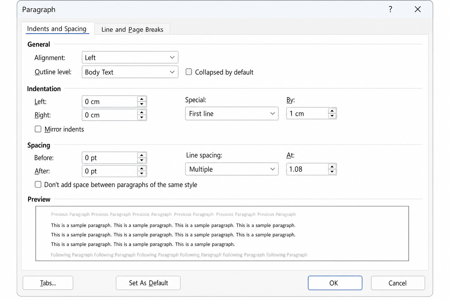 Paragraph dialog box showing updated measurement units in the Indentation section after the change