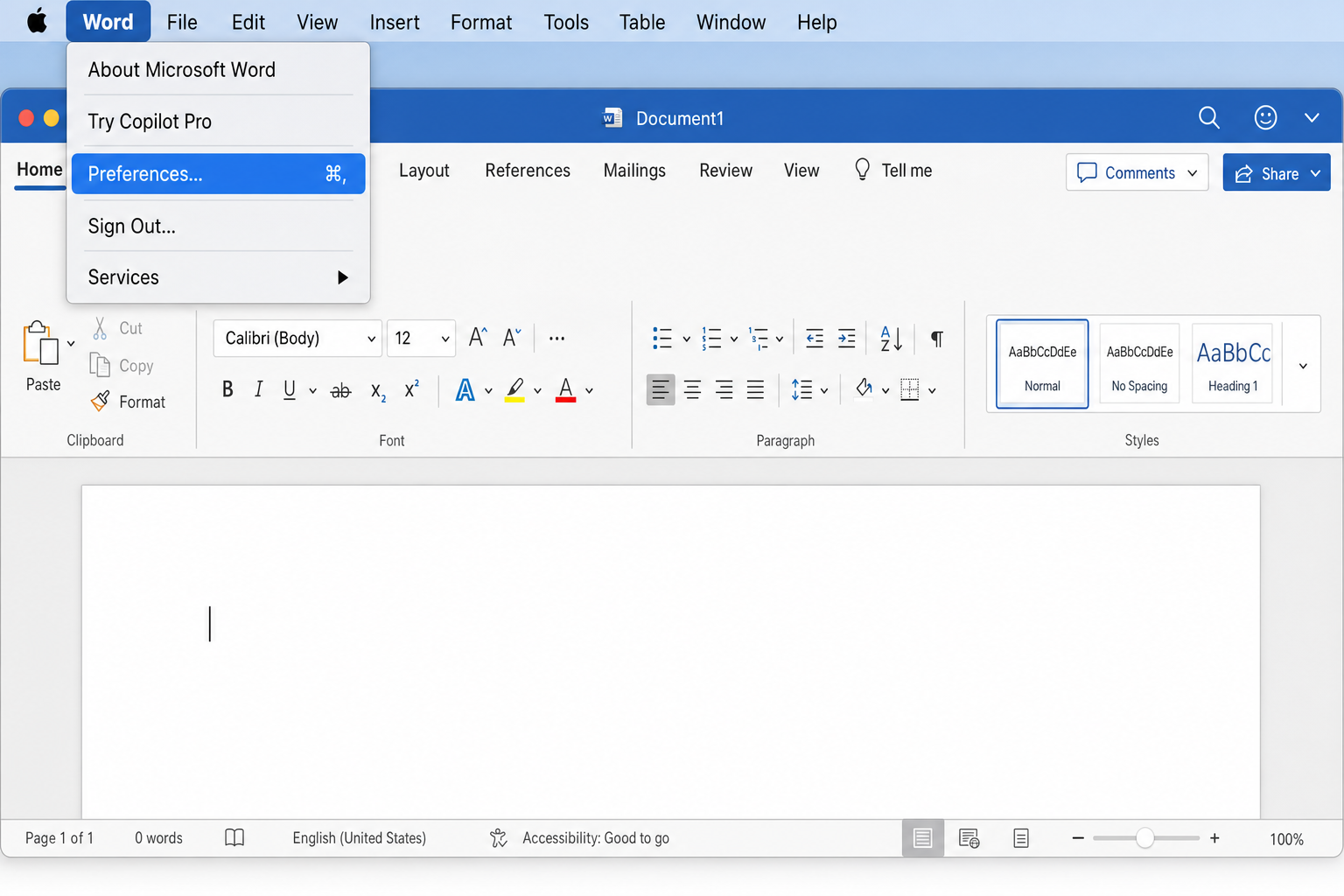 Word for Mac menu bar with Word menu open and Preferences highlighted