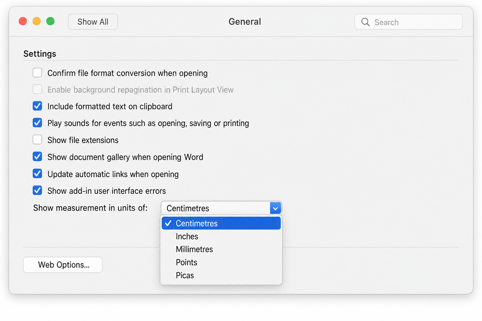Word for Mac General Preferences dialog with Show measurements in units of dropdown open
