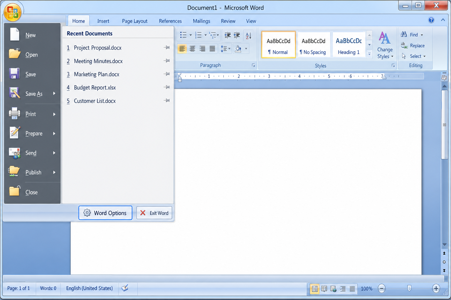 Word 2007 Office button menu open with Word Options button visible at the bottom
