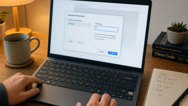 Hands typing on a laptop displaying a 'Keyboard Shortcuts' configuration dialog on screen.