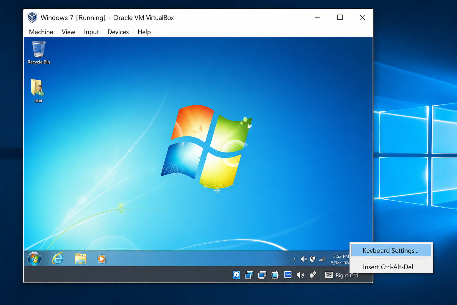 Running VM window with right-click context menu on the Host Key indicator in the status bar, showing Keyboard Settings option