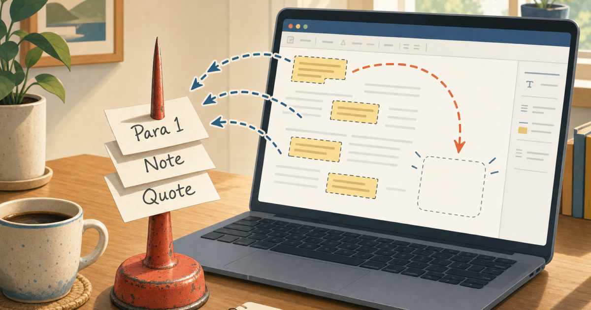 Stand with stacked notes reading 'Para 1', 'Note', 'Quote' next to a red cone on a desk, coffee mug nearby and a laptop showing a document workflow graphic.