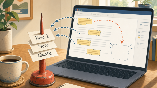 Stand with stacked notes reading 'Para 1', 'Note', 'Quote' next to a red cone on a desk, coffee mug nearby and a laptop showing a document workflow graphic.