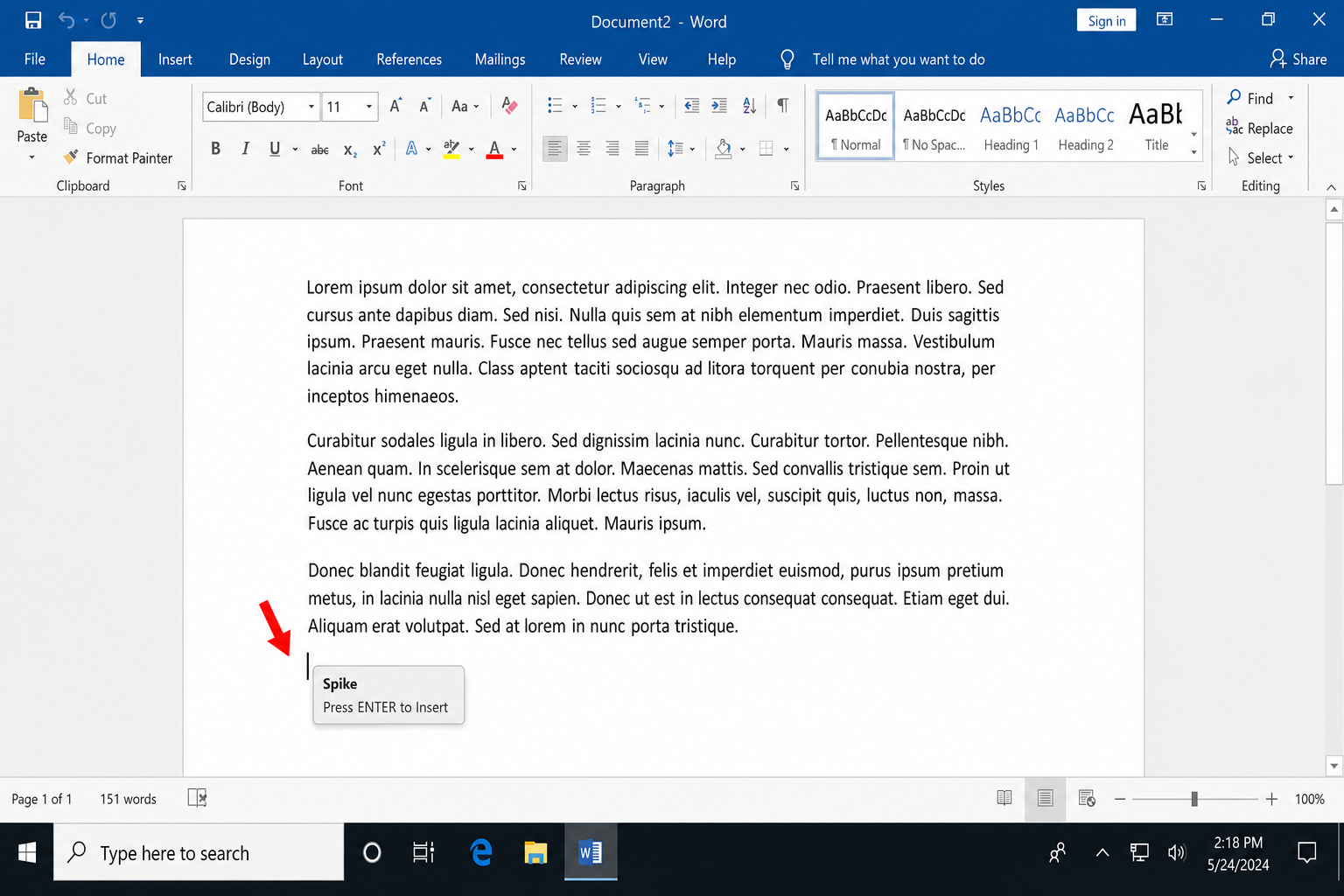 Text pasted from the Spike into a new Word document, showing multiple collected paragraphs combined at the cursor position