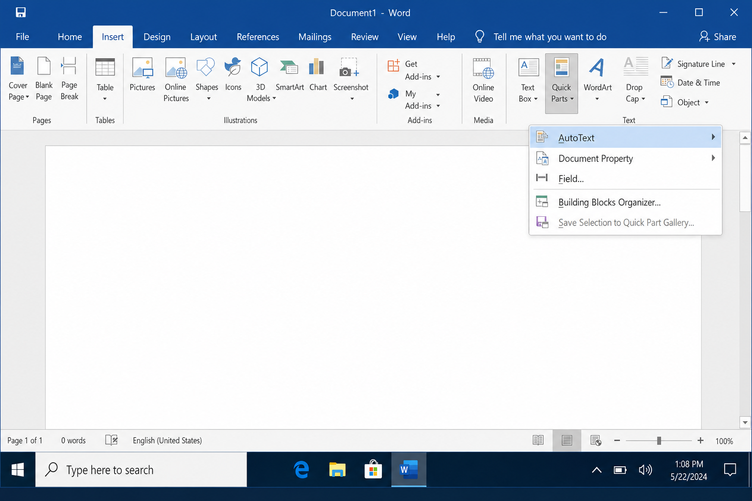 Quick Parts dropdown menu open in Word, with AutoText option highlighted