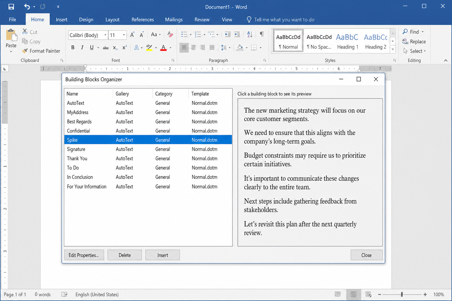 Word AutoText list with Spike entry selected and preview of collected text visible in the preview pane