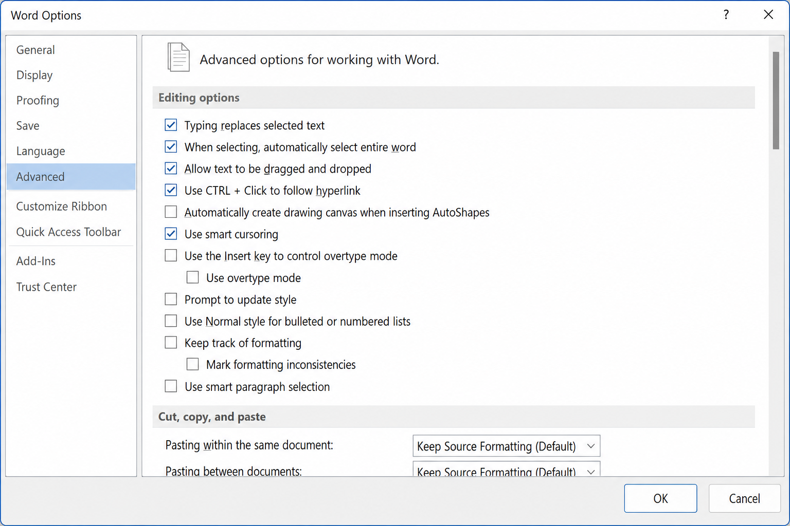 Word Options dialog, Advanced tab, Editing options section with "Use smart paragraph selection" checkbox unchecked