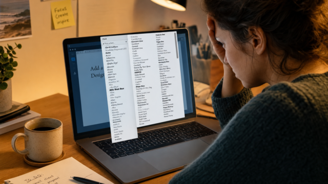 Person sits at a desk with a laptop open to a document; a font picker window is displayed on screen as they choose a font for text editing. A mug, notebook, pen, plant, and sticky notes decorate the workspace in warm light.