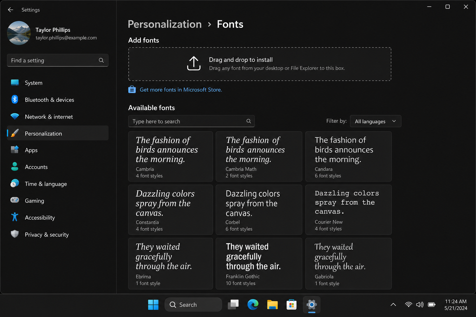 Windows 11 Settings > Personalization > Fonts showing the font grid with search box and font family tiles