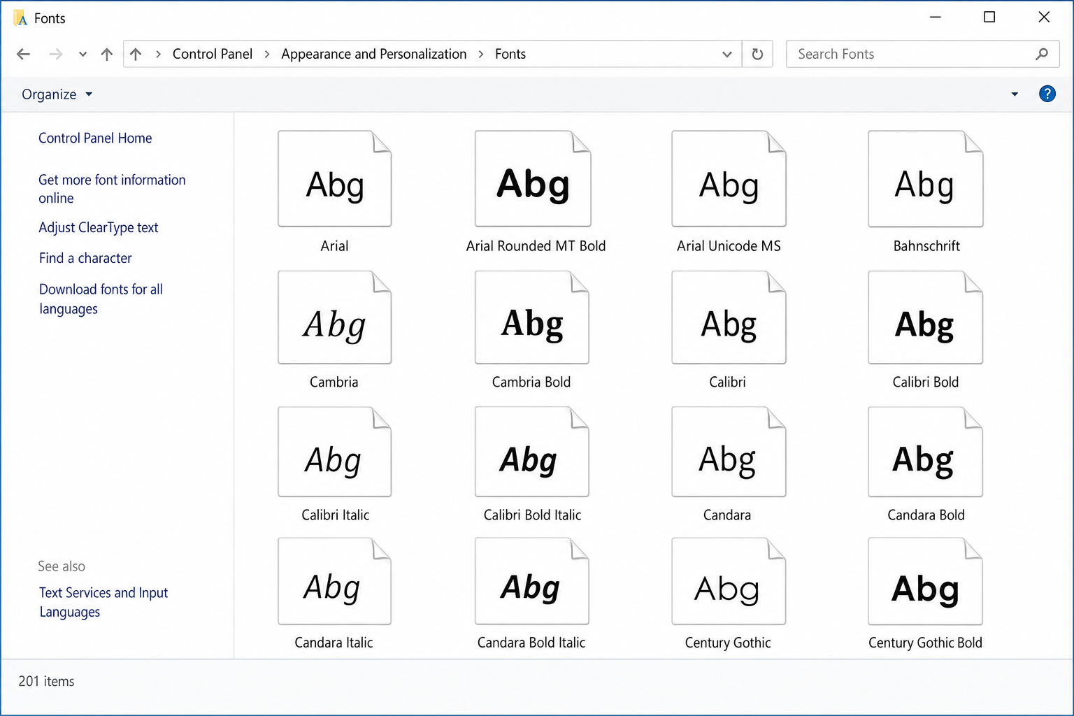 Control Panel Fonts folder showing installed font files with the status bar at the bottom displaying total font count