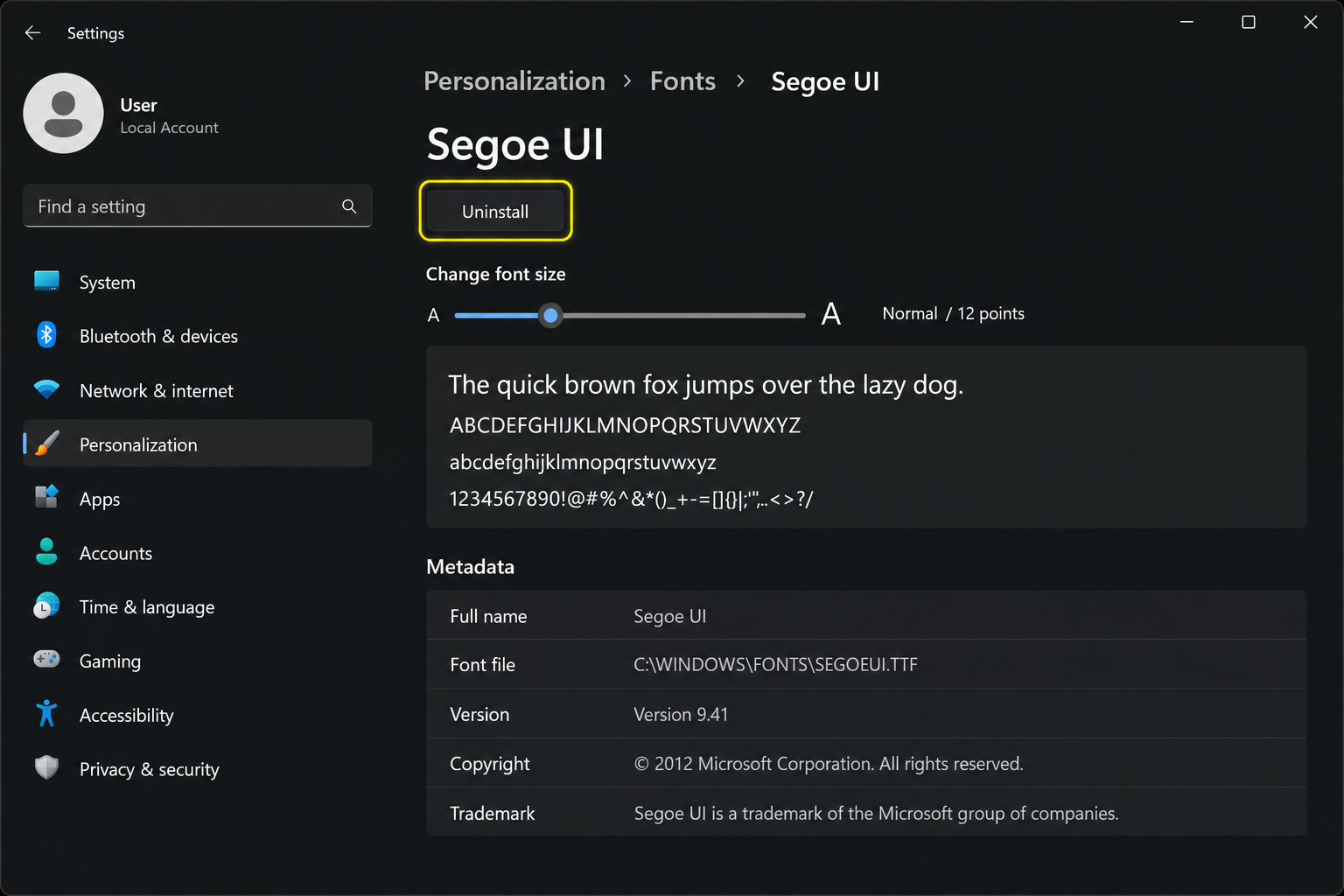Windows 11 Settings > Personalization > Fonts showing a font detail page with the Uninstall button highlighted