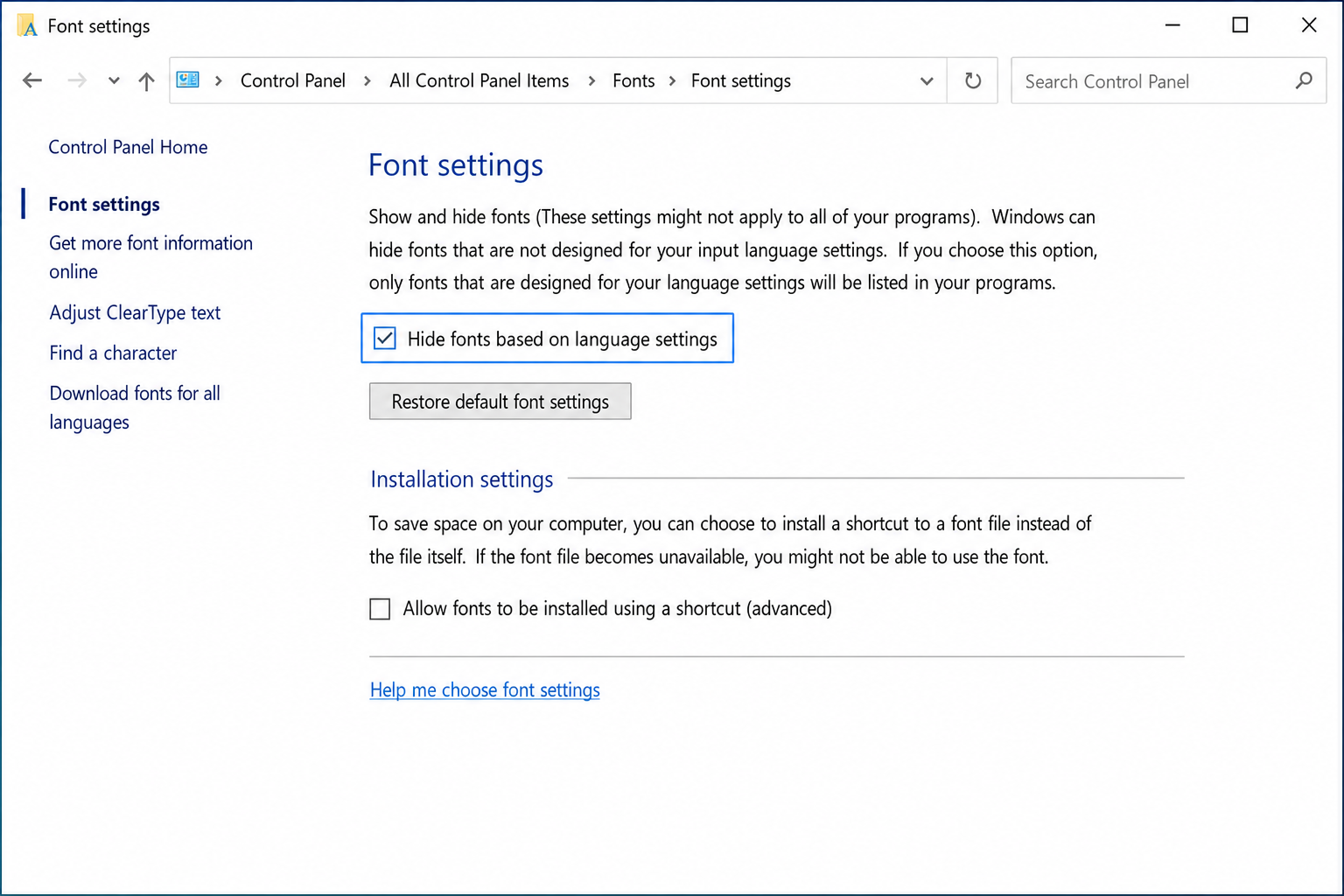Control Panel Font Settings dialog with "Hide fonts based on language settings" checkbox highlighted
