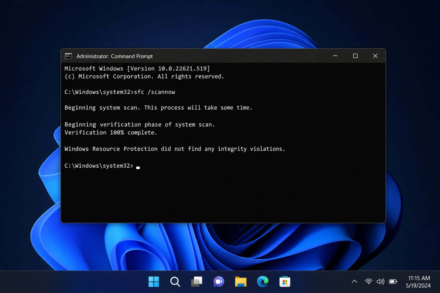 Elevated Command Prompt window running sfc /scannow with the scan progress visible