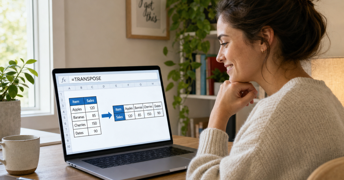 Woman at a desk looking at a laptop showing a spreadsheet with a TRANSPOSE example.