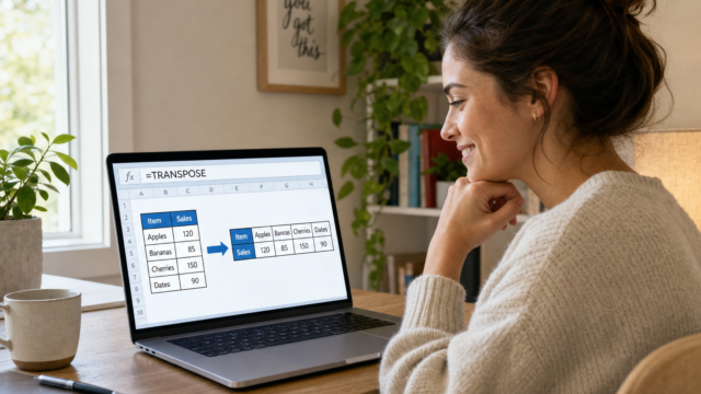 Woman at a desk looking at a laptop showing a spreadsheet with a TRANSPOSE example.