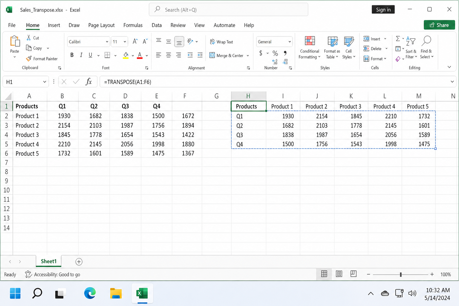 Excel 365 spreadsheet showing =TRANSPOSE(A1:B6) entered in a single cell with the spilled result filling adjacent cells automatically, no selection required