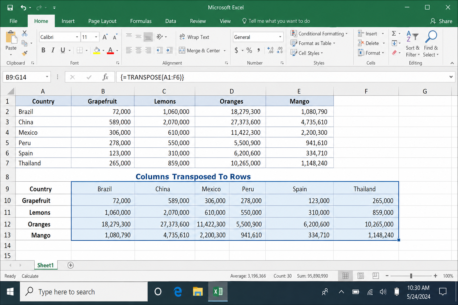 Excel 2019 spreadsheet showing the TRANSPOSE array formula with curly braces in the formula bar and transposed data filling the pre-selected range