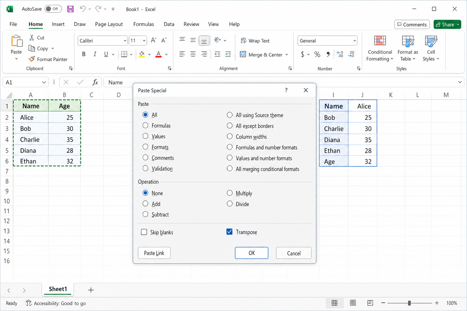 Excel Paste Special dialog box with the Transpose checkbox checked at the bottom-right, before clicking OK