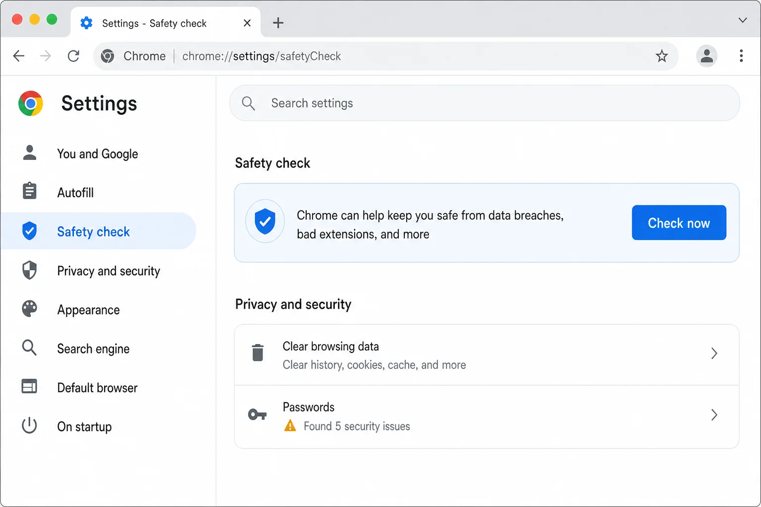 Chrome Safety Check settings panel showing the Check Now button and password-related breach check results area