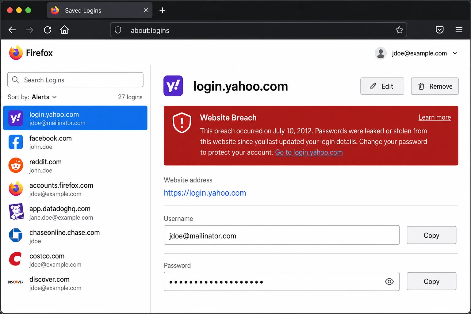 Firefox Saved Logins page showing a breach alert warning on a saved login entry with the red alert icon and breach notification message visible