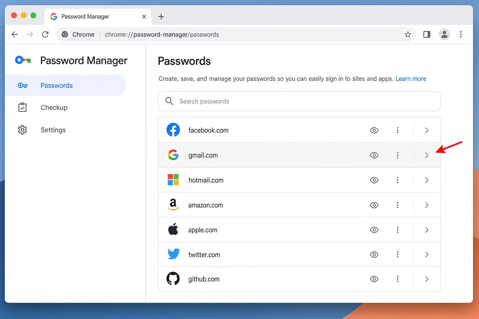 Chrome Password Manager page at chrome://password-manager/passwords showing the saved passwords list with search bar, eye icon, and three-dot menu visible on entries