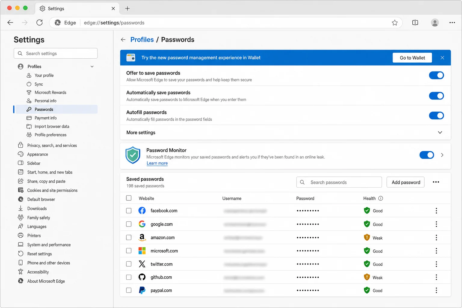 Microsoft Edge Passwords settings page at edge://settings/passwords showing the saved passwords list, Password Monitor section, and three-dot menu on entries